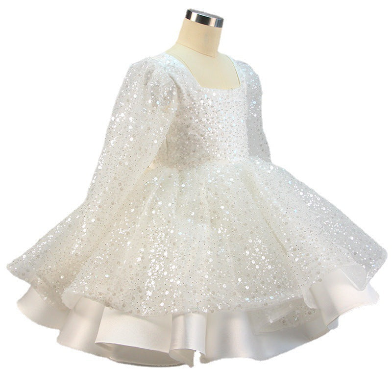 Girl Formal Princess Dresses Baby Girl Bow Mesh Long Sleeve Sequined Christening Dress