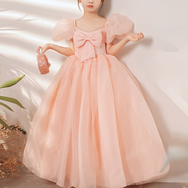 Flower Girl Dress Children Summer Birthday Party Dress Pink Puff Sleeve Bowknot Dress