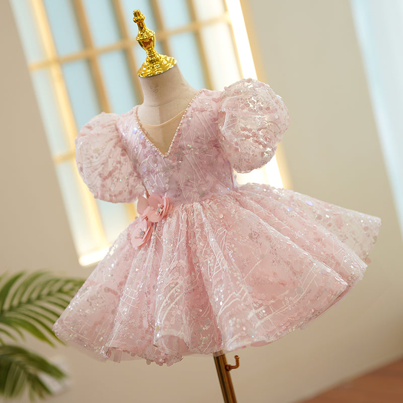 Baby Girl Birthday Party Dresses Girl Cute Sequined Puff Sleeves Formal Princess Dresses