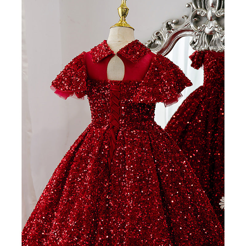 Girl Christmas Dress Baby Girl Dress Children Communion Luxury Red Sequins Puffy Birthday Cake Princess Pageant Dress