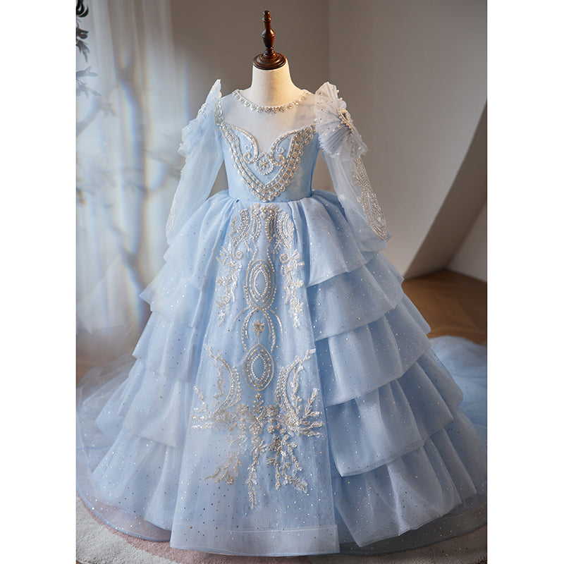 Toddler Communion Dress Girl Flower Formal Trailing Blue Sequins Princess Pageant Dress