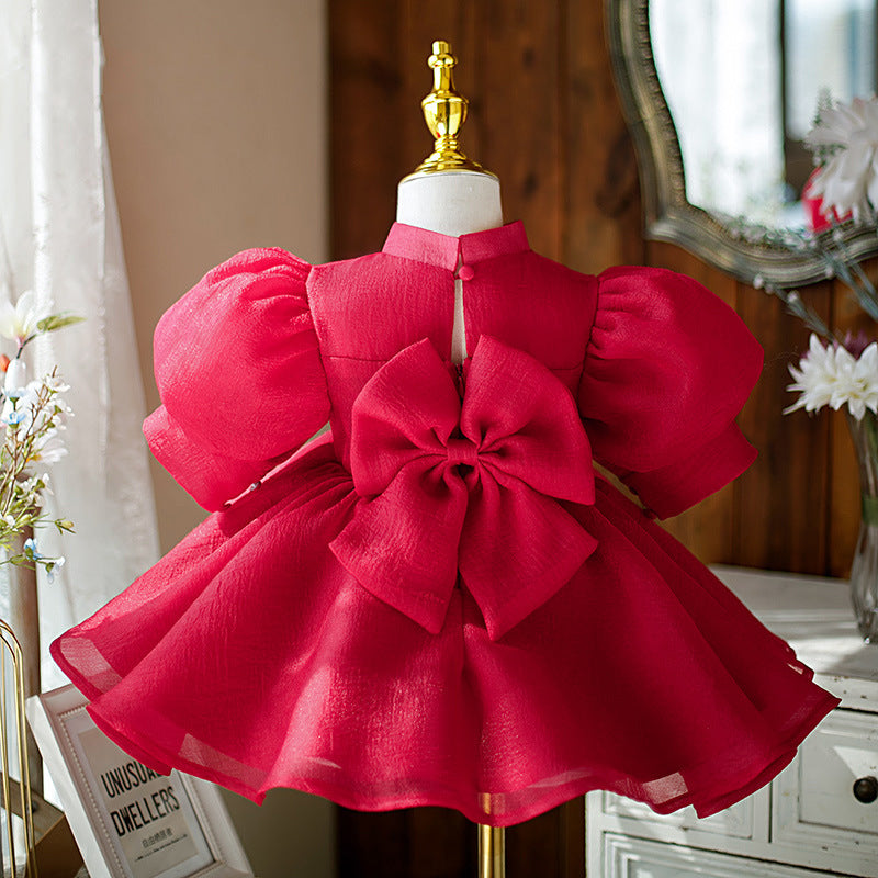 Girl Christmas Dress Baby Girl Pageant Dresses Girl Summer Wine Red Stand Collar Fluffy Formal Princess Dress