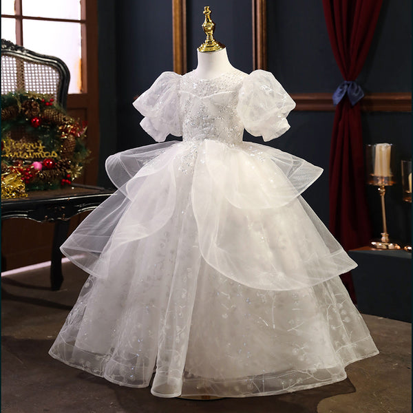 First Communion Dress Girls Birthday Party Dress White Elegant Sequin Formal Princess Dress