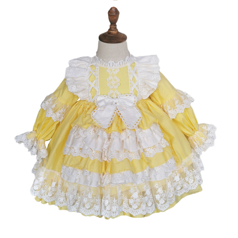 Baby Girl Princess Party Dress Yellow Lolita Lace Floral Girl Cake Dress