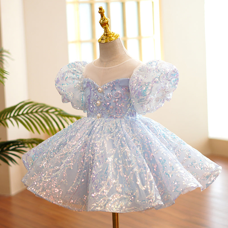 Baby Girl Birthday Party Dress Blue Sequin Bubble Princess Dress