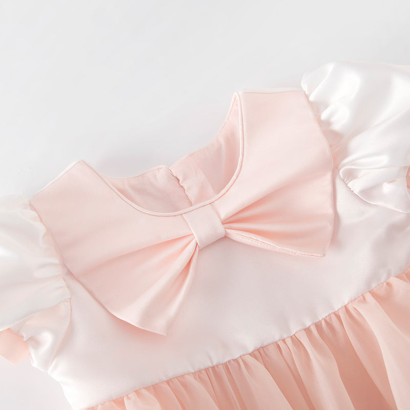 Baby Girl Dress Toddler Party Puff Sleeves Pink Bow Puffy Princess Dress