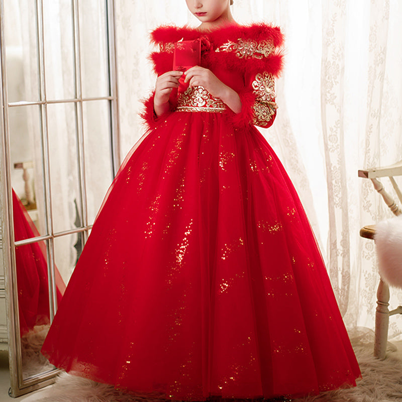 Flower Girl Dress Little Girl Communion Dress Winter Fur Red Long Sleeve Pageant Princess Dress, Red / 5-6 Years (130cm) Flower Girl Dress Little Girl Communion Dress Winter Fur Red Long Sleeve Pageant Princess Dress, Red / 5-6 Years (130cm)