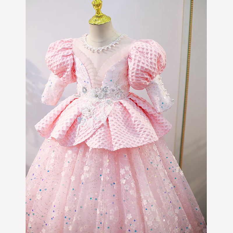 Flower Girl Dress Children Communion Pageant Elegant Cute Sequins Pink Princess Party Dress