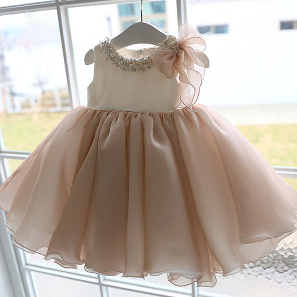 Baby Girl Birthday Party Dress Toddler Beaded Round Neck Sleeveless Puffy Formal Princess Dress