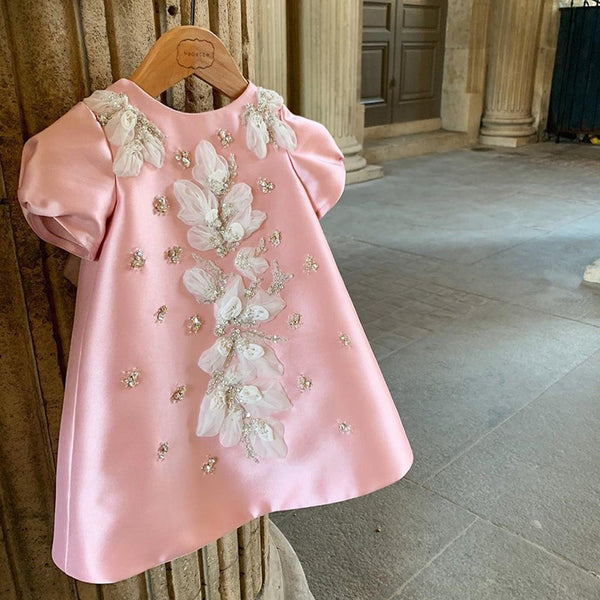 Toddler Girl Birthday Dress With Cake Embroidery - Smocked Puff Sleeve Princess Party Outfit