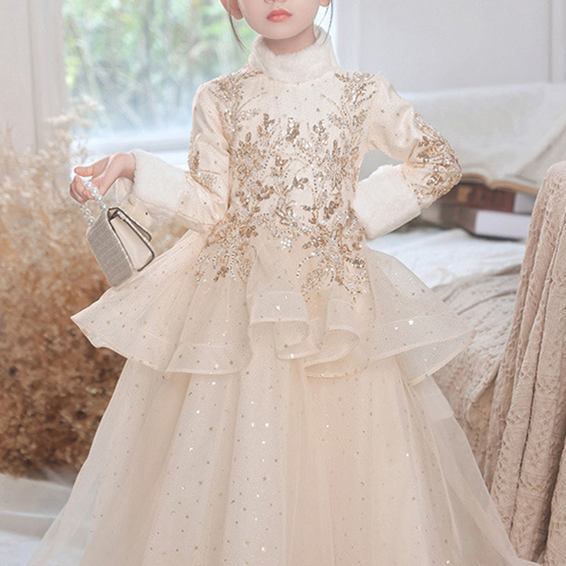 Flower Girl Dress Children Winter Elegant Embroidery Long Sleeve Puffy Princess Dress