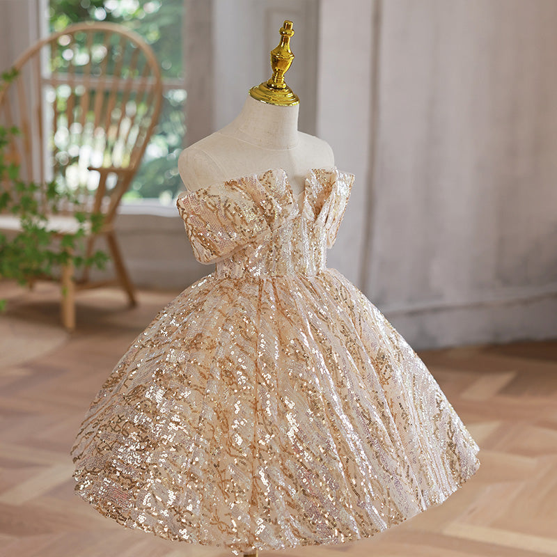 Girls Gold Sequin Puffy Birthday Princess Dress