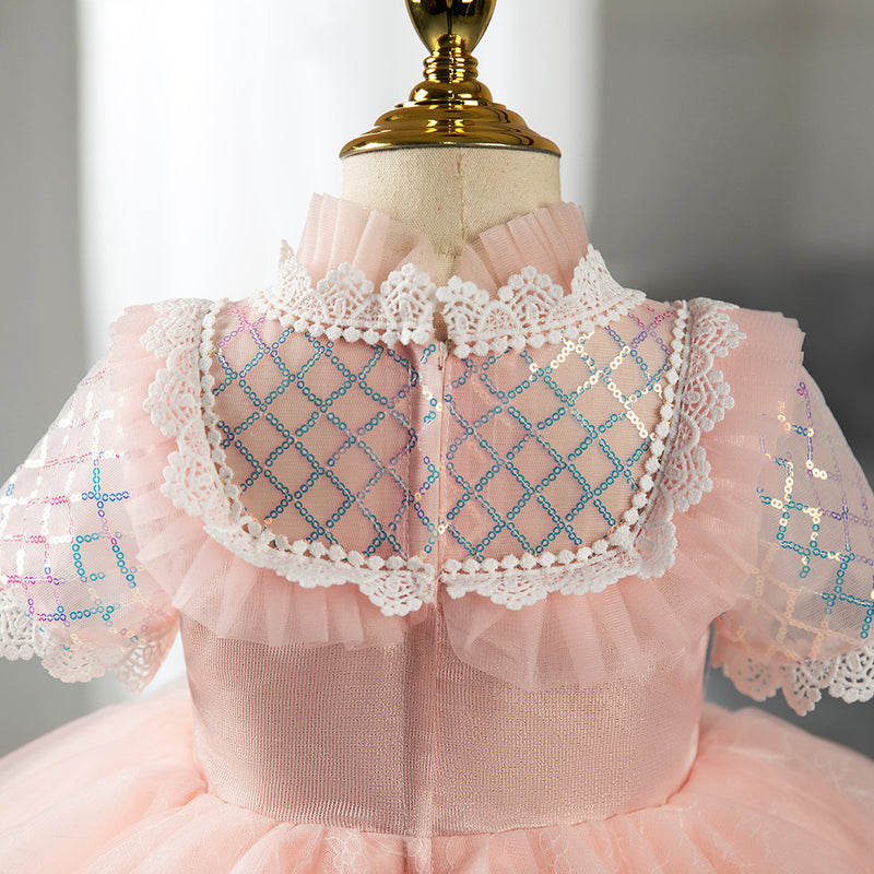 Baby Girl Dress Toddler fluffy Puff Sleeve Mesh Summer Cute Pink Sequin Lace Princess Dress