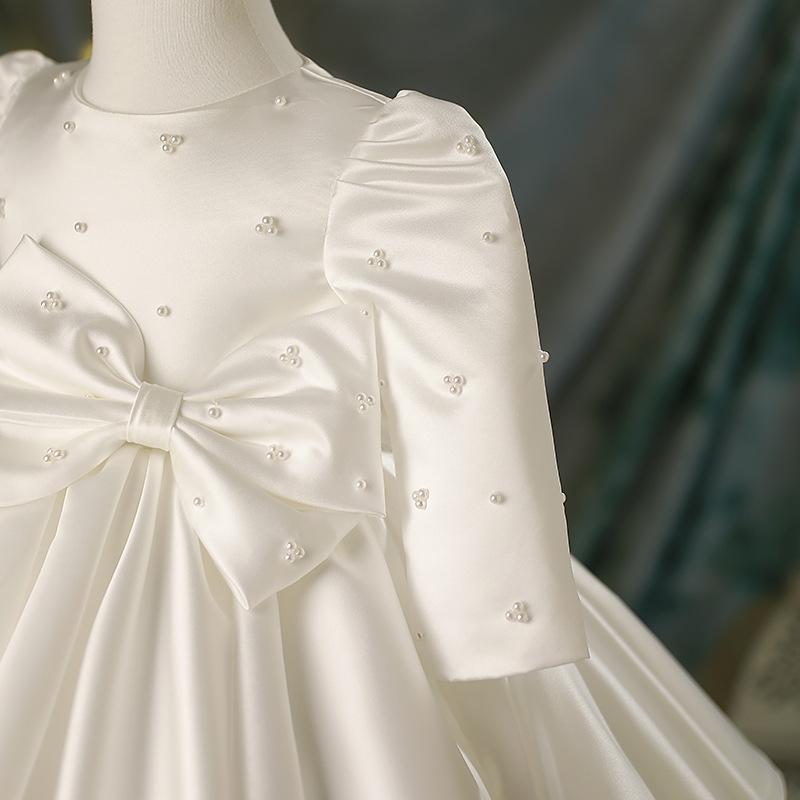 Baby Girl White Beaded Long Sleeve Bow Baptism Dress marryshe Baby Girl White Beaded Long Sleeve Bow Baptism Dress marryshe