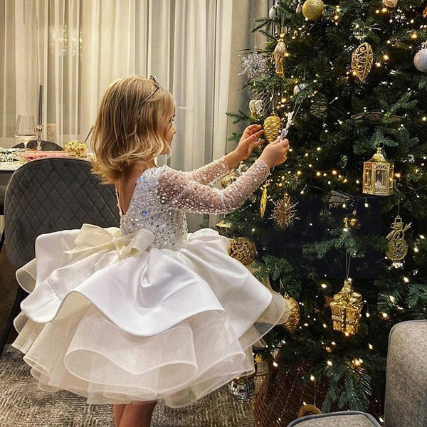 Girl Christmas Dress Toddler Girl Birthday Party Dress White Long Sleeve Bow Puffy Girl Dress Princess Dress