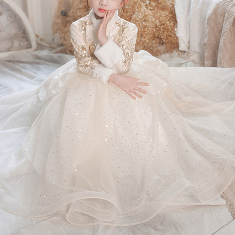 Flower Girl Dress Children Winter Elegant Embroidery Long Sleeve Puffy Princess Dress