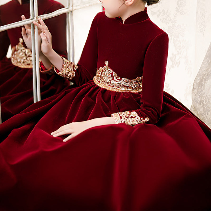 Toddler Christening Dress Girl Winter Red Vintage Long Sleeve Princess Pageant Dress