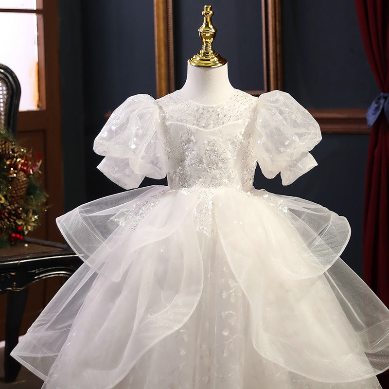 First Communion Dress Girls Birthday Party Dress White Elegant Sequin Formal Princess Dress