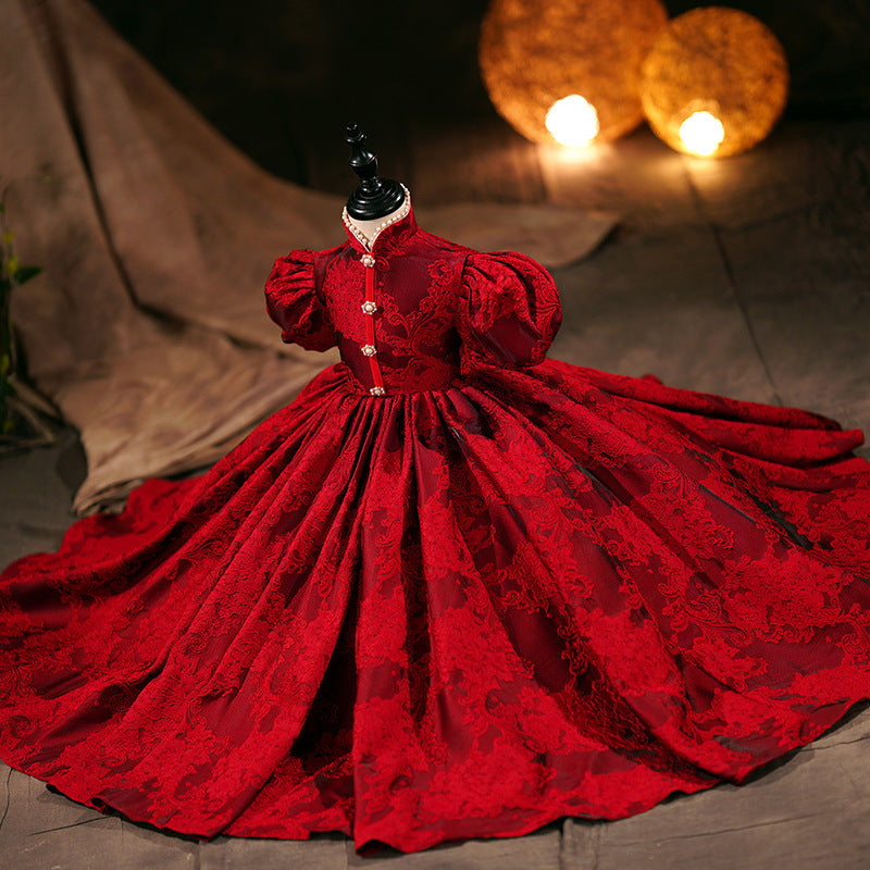 victorian christmas dress Girl Christmas Dress Girl Communion Dress Baby Girl Red Formal Puff Sleeve Large Skirt Dress, Wine Red / 9-10 Years (150cm)