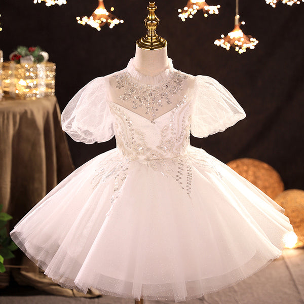 Flower Girl Dress Children Mesh Fluffy Diamond Embroidery Lace Sequin White Princess Dress