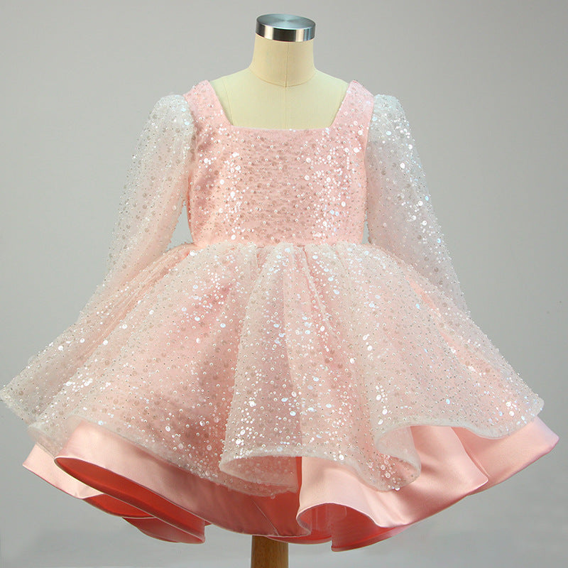 Girl Formal Princess Dresses Baby Girl Bow Mesh Long Sleeve Sequined Christening Dress