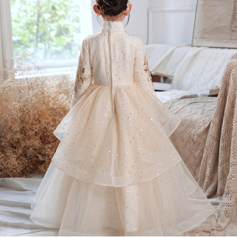 Flower Girl Dress Children Winter Elegant Embroidery Long Sleeve Puffy Princess Dress