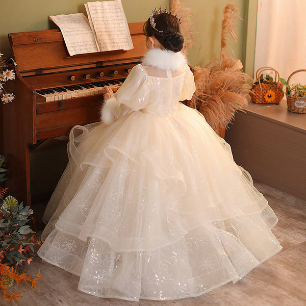 Flower Girl Dress Children Party Winter Plush Long Sleeve Sequined Princess Dress