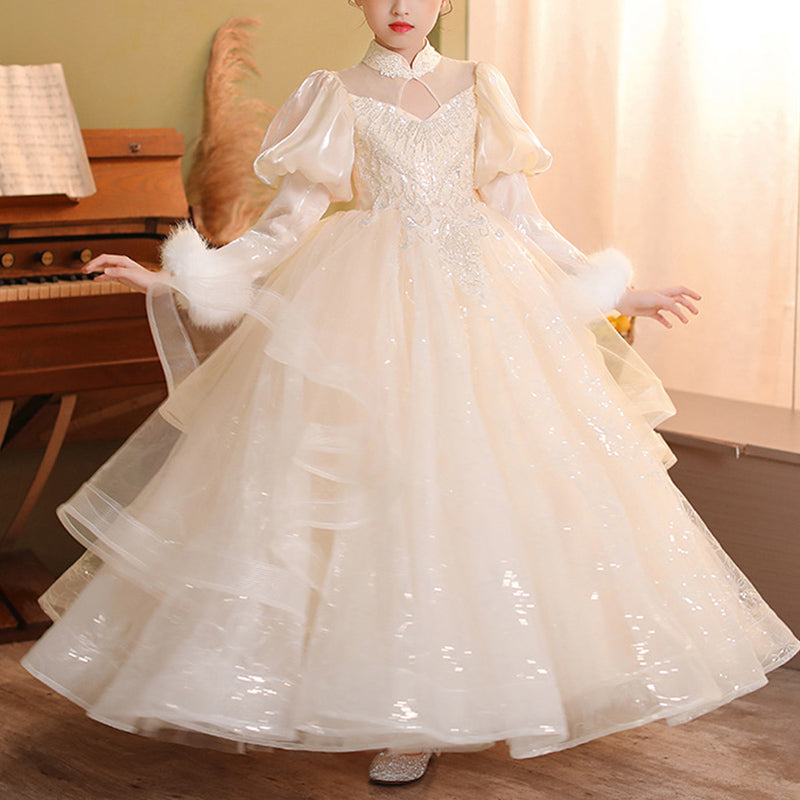 Flower Girl Dress Children Party Winter Plush Long Sleeve Sequined Princess Dress