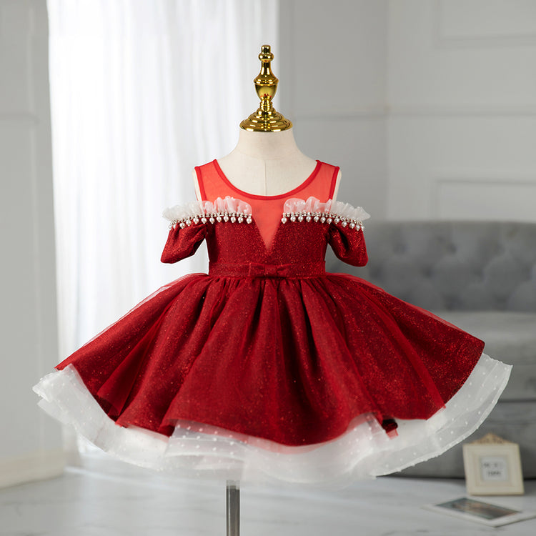 Girl First Communion Dress Toddler Pageant Party Dress Red Beaded Princess Dress