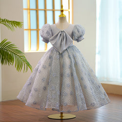 Toddler Prom Dress Girl Luxury Puff Sleeves Grey Bow Puffy Birthday Princess Dress