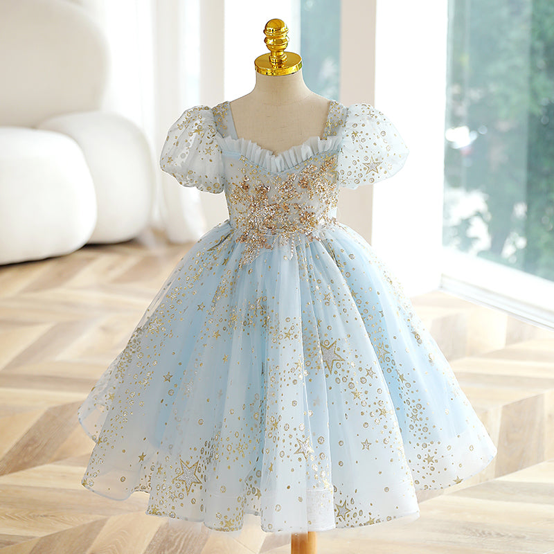 Elegant Girl Puff Sleeve Sequin Birthday Party Show Dress