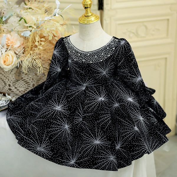Baby Girl Dress Toddler Ball Gowns Birthday Party Dress Black Long Sleeve Sequin Beads Dress
