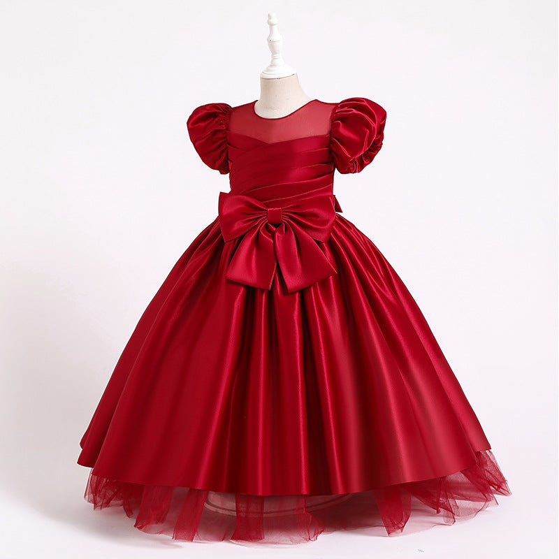 First Communion Dress Girl Elegant Big Bow Puffy Princess Formal Party Dresses, Wine red / 11-12 Years (160cm)