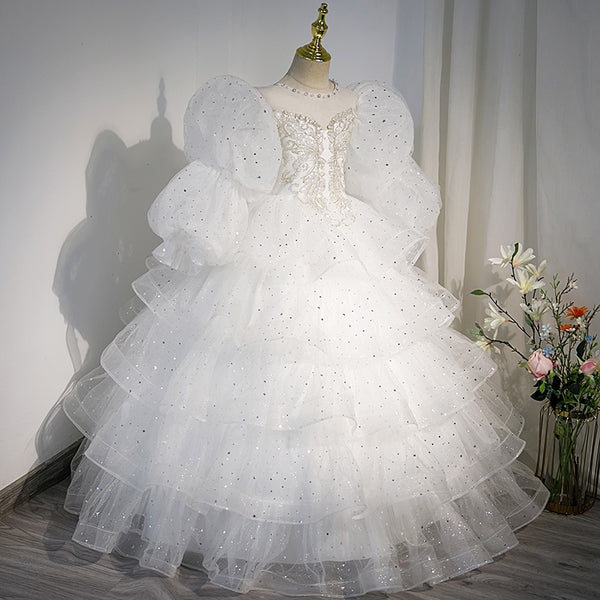 Girl First Communion Dress Children White Puffy Beauty Pageant Princess Christening Dress