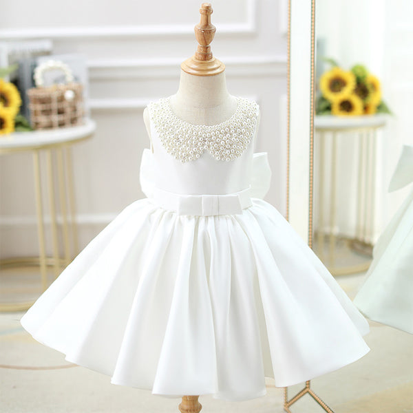 Toddler First Communion Dress Baby Girl Princess Party Dress White Bead Collar Flower Girl Dress