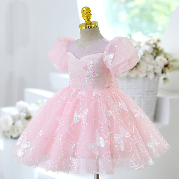 Girl Formal Princess Dress Baby Girl Pink Butterfly Sequins Birthday Party Dress