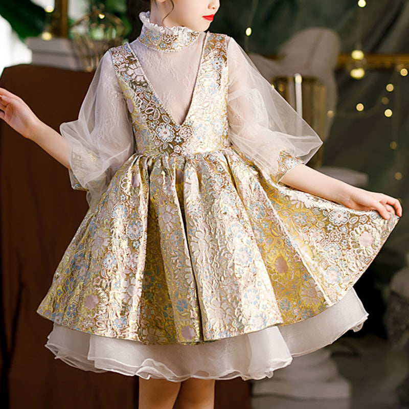 Flower Girl Dress Toddler Communion Retro Flower Puffy Princess Birthday Party Dress