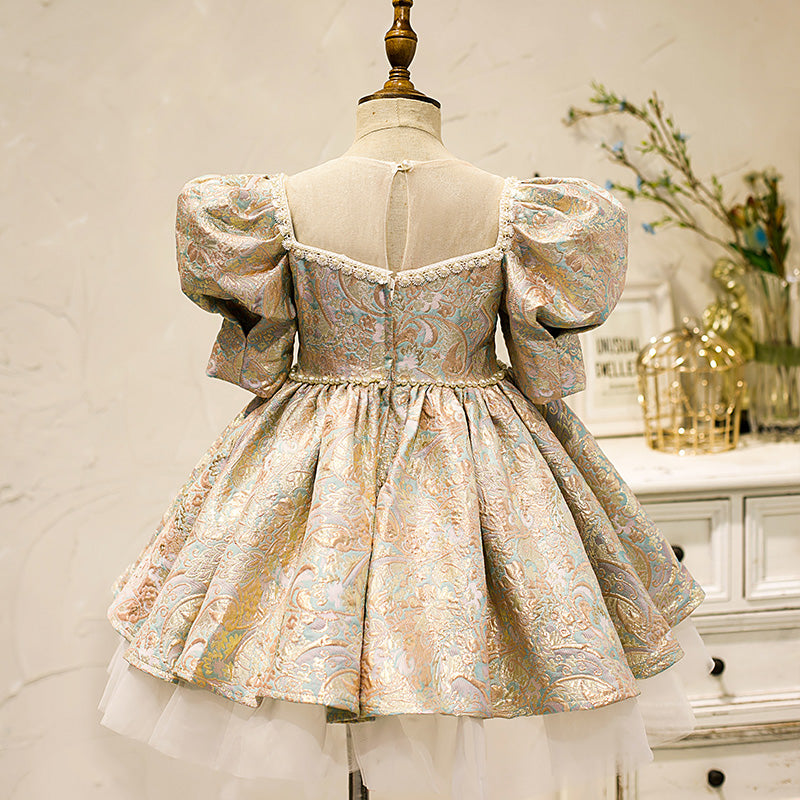 easter prom dress Baby Girl Formal Princess Dress Easter Dress Toddler Vintage Summer Puff Sleeve Prom Dress, Gold / 0-1 Year (80cm)