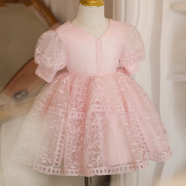 Girl Christmas Dress Toddler Prom Dress Girl Summer Princess Dress Pink Lace Puff Sleeve Dress