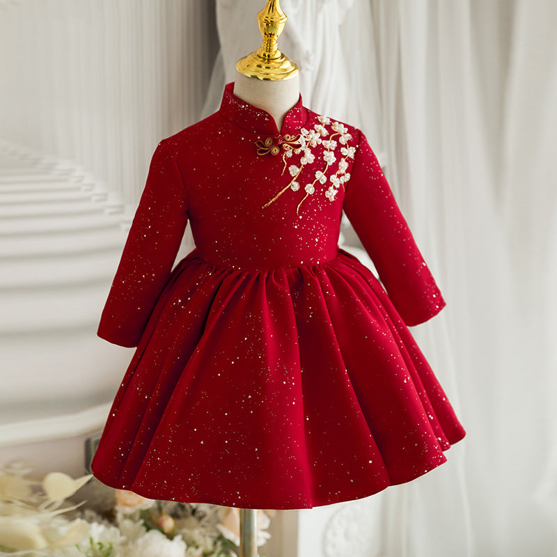 Baby Girl Princess Dress Winter Stand Collar Red Embroidered Dress Girl Birthday Party Dress