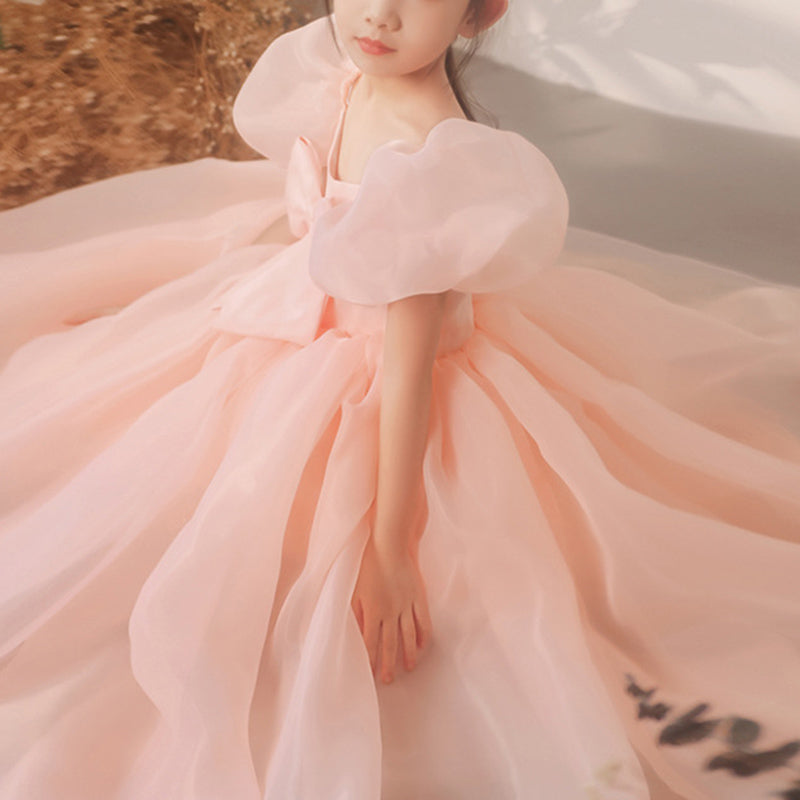 Flower Girl Dress Children Summer Birthday Party Dress Pink Puff Sleeve Bowknot Dress