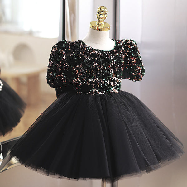 Baby Girl Formal Princess Dresses Girl Summer Black Sequins Puffy Birthday Party Dress
