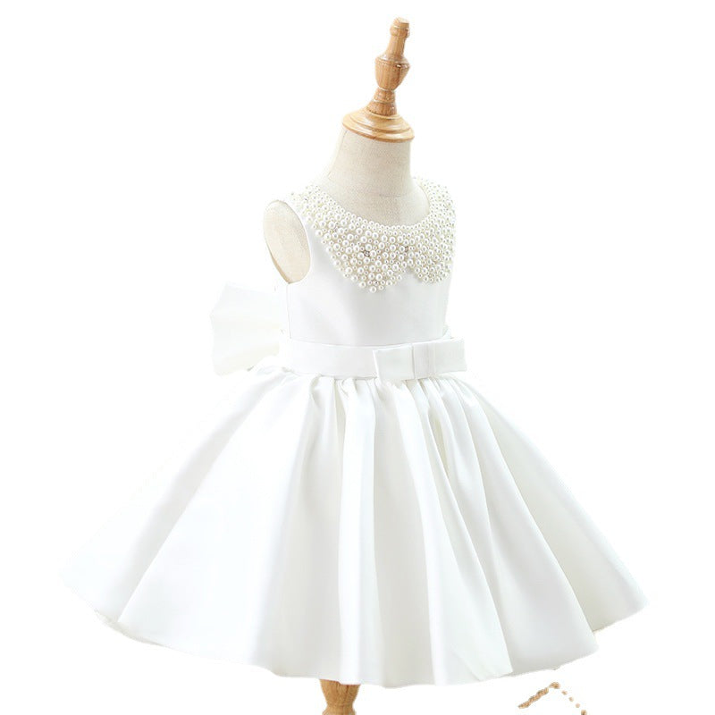 Toddler First Communion Dress Baby Girl Princess Party Dress White Bead Collar Flower Girl Dress