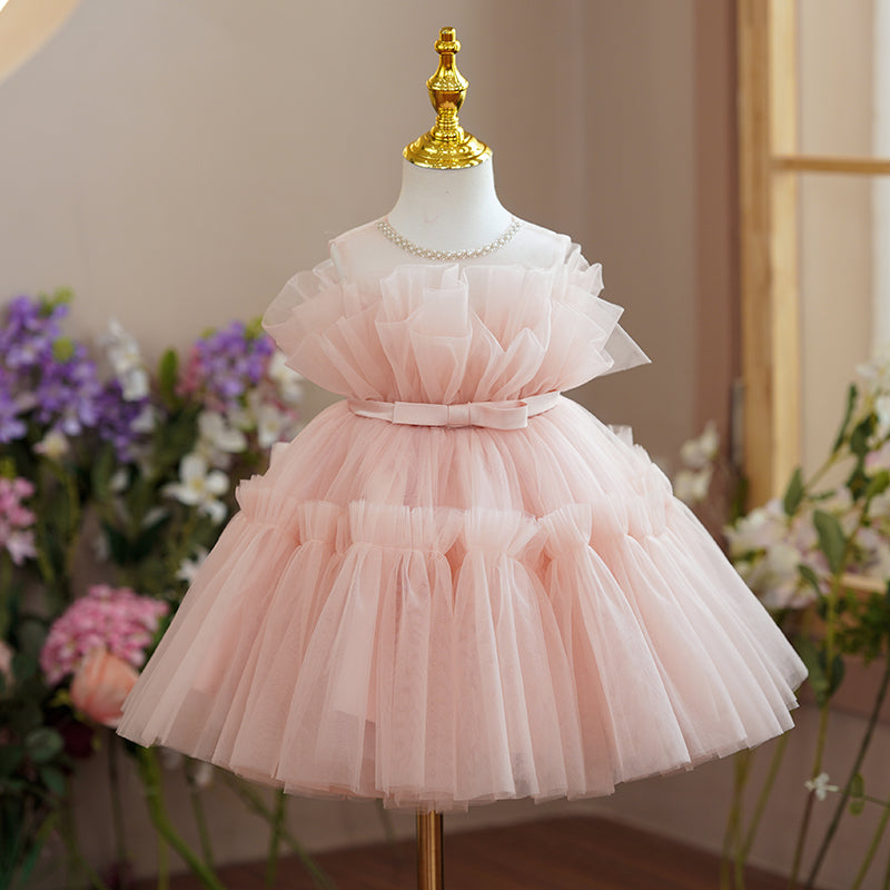 Girl Christmas Dress Flower Girl Dresses Baby Girl Easter Dress Toddler Beaded Crew Neck Fluffy Cake Birthday Party Dress, Pink / 0-1 Year (80cm)
