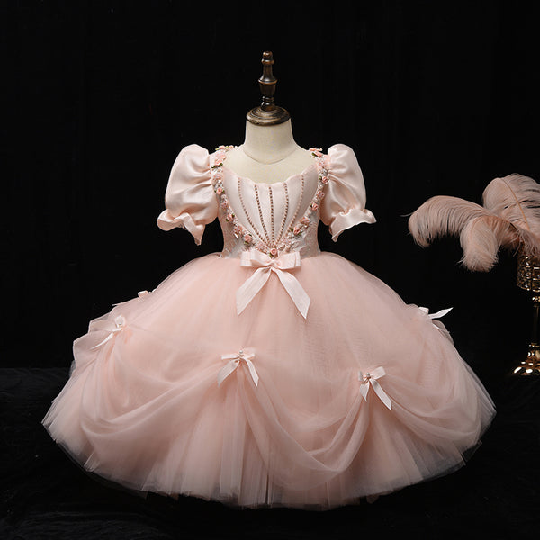 Long Lace Dusty Pink Flower Girl Dress - Princess Style For Wedding & Party - Kids