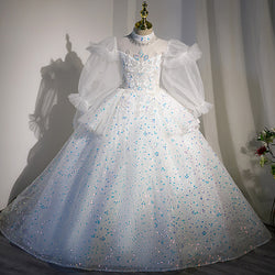 Girl First Communion Dress Children Flower Birthday Party White Sequin Trailing Pageant Dress
