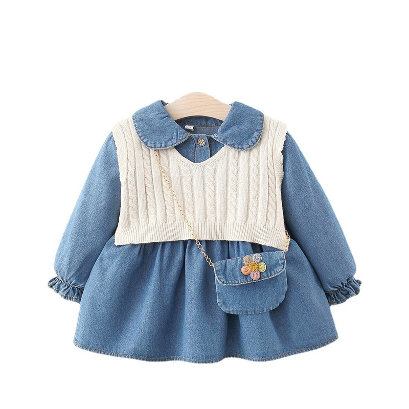 Baby Girl Autumn Long-sleeved Denim Dress Woolen Vest Suit