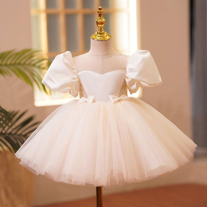 Toddler Ball Gowns Girl Puff Sleeves Bow Pageant Communion Formal Princess Dress