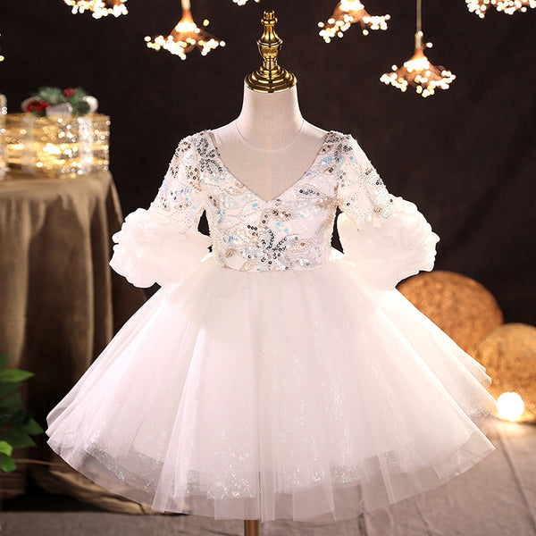 Flower Girl Dress Toddler Ball Gowns White Wedding V-neck Princess Dress