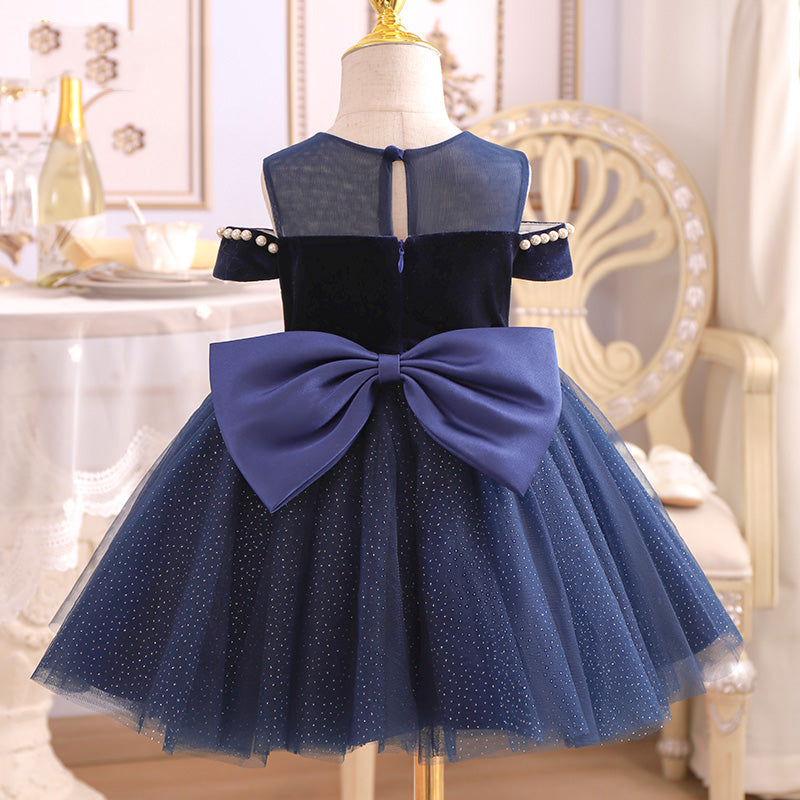 Baby Girl Formal Princess Dresses Toddler Blue Beadwork Bow Puffy Birthday Party Dress